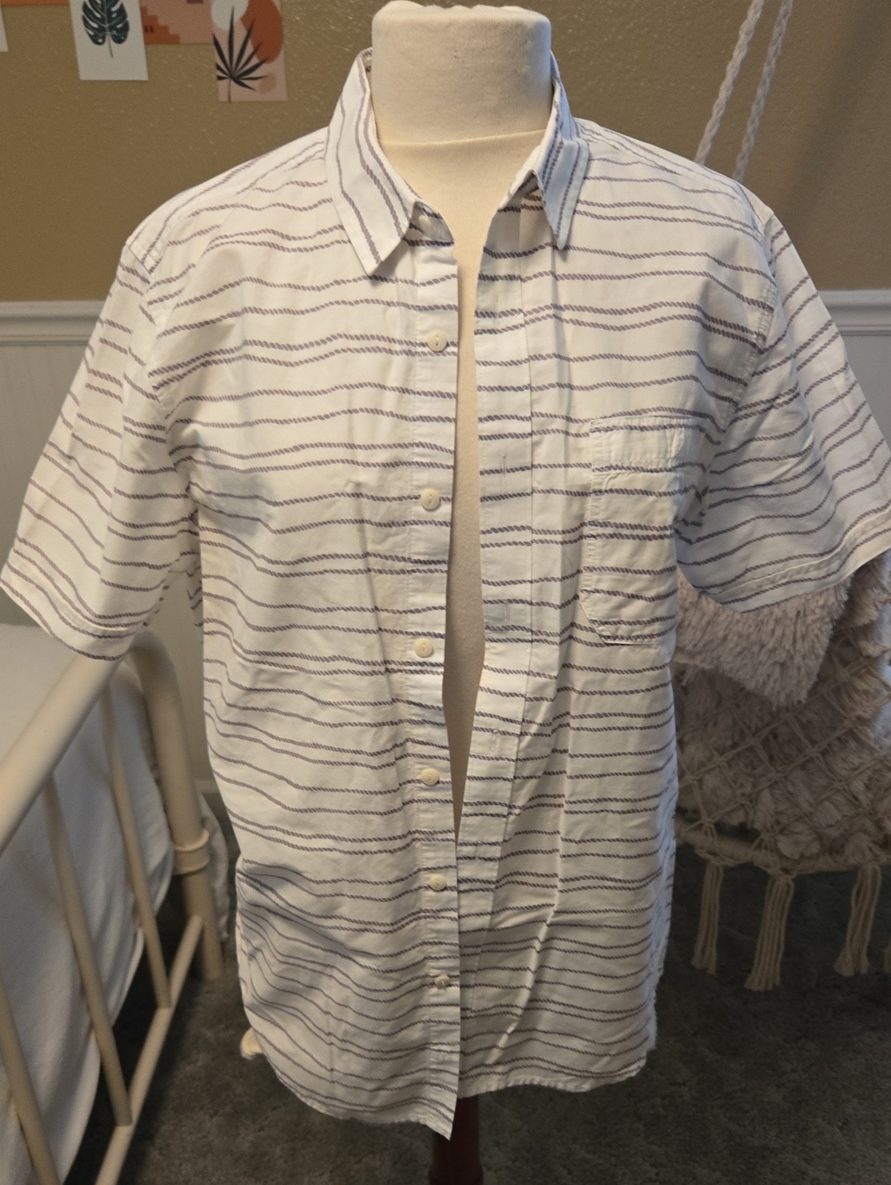 American Rag White Short-Sleeve Button-Down with Navy Stripes